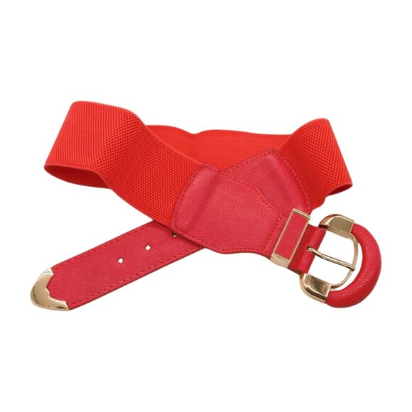 New Women Coral Pink Faux Leather Elastic Waistband Belt Round Gold Buckle S M - Picture 8 of 16